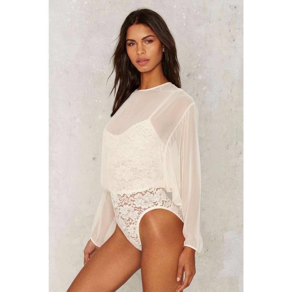 NWT Hot As Hell Bodysuit Mama Jen Lace Medium White Ivory Long Sleeve Chiffon